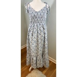 Madison Mathews Smocked Maxi Dress M Blue White Block Print Tie Strap Cotton